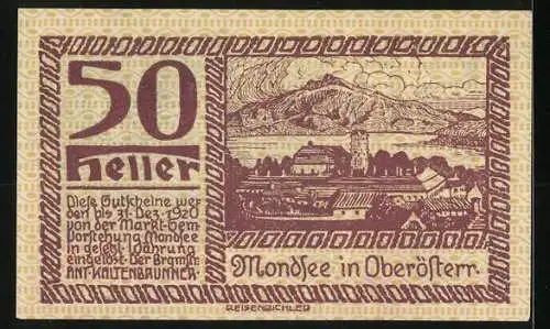 Notgeld Mondsee 1920, 50 Heller, Fischer bei Nacht und Stadtansicht mit See und Bergen im Hintergrund