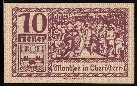 Notgeld Mondsee 1920, 10 Heller, Menschengruppe und Jagdszene, Wappen und Seriennummer enthalten