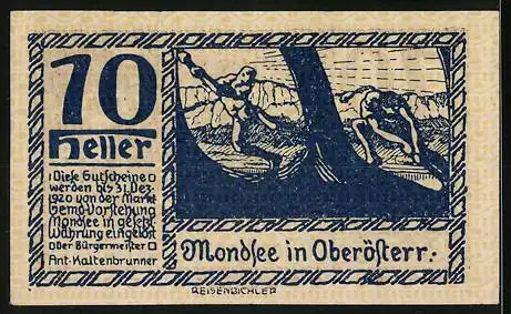 Notgeld Mondsee 1920, 10 Heller, Menschengruppe und Jagdszene, Wappen und Seriennummer enthalten