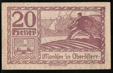 Notgeld Mondsee 1920, 20 Heller, Läufer und Berglandschaft im Hintergrund