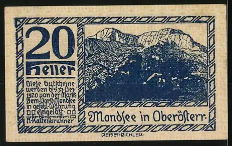 Notgeld Mondsee 1920, 20 Heller, Läufer und Berglandschaft im Hintergrund