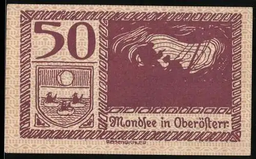 Notgeld Mondsee 1920, 50 Heller, Landschaft und Wappen mit Entenmotiv, Mondsee in Oberösterreich