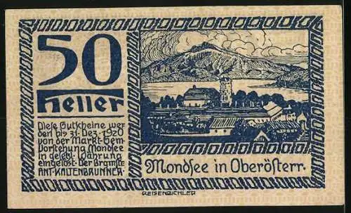 Notgeld Mondsee 1920, 50 Heller, Landschaft und Wappen mit Entenmotiv, Mondsee in Oberösterreich