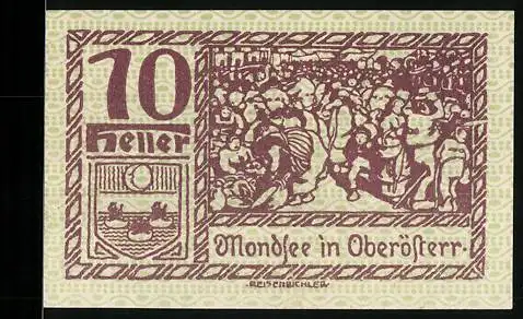 Notgeld Mondsee 1920, 10 Heller, Menschenmenge und Naturmotiv, Wappen Mondsee