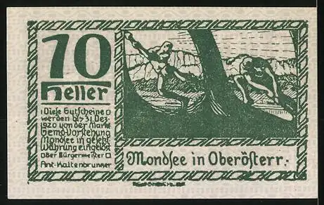 Notgeld Mondsee 1920, 10 Heller, Menschenmenge und Naturmotiv, Wappen Mondsee