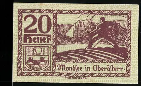 Notgeld Mondsee 1920, 20 Heller, Bergsteiger und Landschaftsmotiv, Wappen