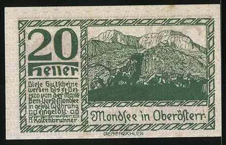 Notgeld Mondsee 1920, 20 Heller, Bergsteiger und Landschaftsmotiv, Wappen