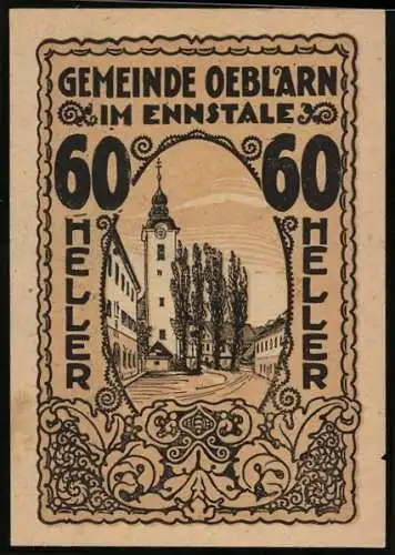 Notgeld Oeblarn 1920, 60 Heller, Rathaus und Bäume im Ovalrahmen