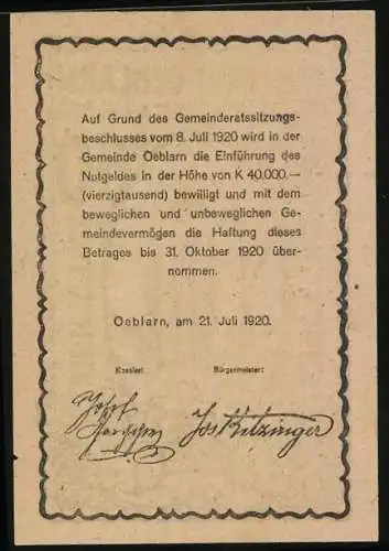 Notgeld Oeblarn 1920, 60 Heller, Rathaus und Bäume im Ovalrahmen