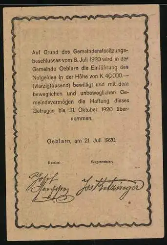 Notgeld Oeblarn 1920, 30 Heller, Gebäudeansicht mit Bäumen und dekorativem Rahmen