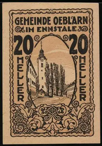 Notgeld Oeblarn 1920, 20 Heller, Ansicht der Kirche und Bäume im Ennstal, Gemeindebeschluss auf Rückseite