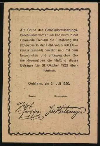 Notgeld Oeblarn 1920, 20 Heller, Ansicht der Kirche und Bäume im Ennstal, Gemeindebeschluss auf Rückseite