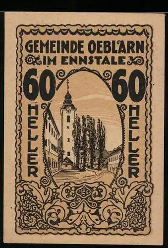 Notgeld Oeblarn 1920, 60 Heller, Kirche und Bäume im Ortszentrum, Beschlussdetails auf Rückseite