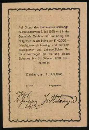 Notgeld Oeblarn 1920, 60 Heller, Kirche und Bäume im Ortszentrum, Beschlussdetails auf Rückseite