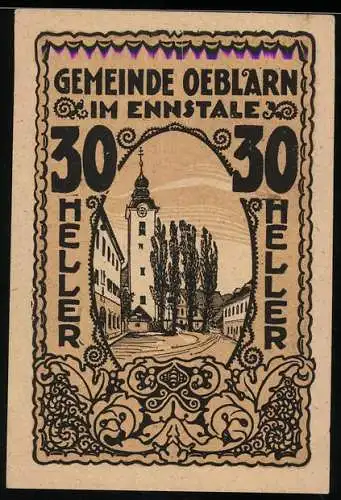 Notgeld Oeblarn 1920, 30 Heller, Stadtansicht mit Kirchturm und Bäumen