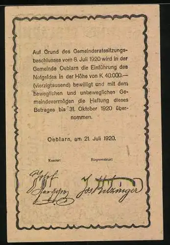 Notgeld Oeblarn 1920, 30 Heller, Stadtansicht mit Kirchturm und Bäumen