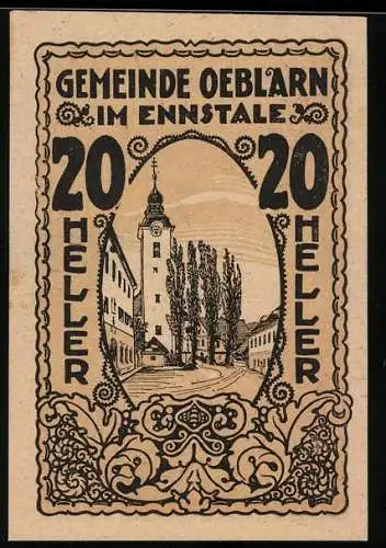 Notgeld Oeblarn 1920, 20 Heller, Stadtansicht mit Kirche und Bäumen im Ennstal