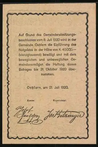 Notgeld Oeblarn 1920, 20 Heller, Stadtansicht mit Kirche und Bäumen im Ennstal