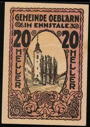 Notgeld Oeblarn 1920, 20 Heller, Ansicht von Kirche und Strasse im Ennstal