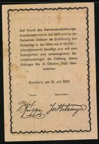 Notgeld Oeblarn 1920, 20 Heller, Ansicht von Kirche und Strasse im Ennstal