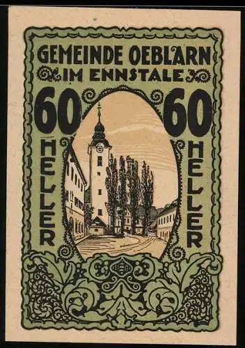 Notgeld Oeblarn 1920, 60 Heller, Kirche und Bäume im Ennstal, Gemeinderatsbeschluss und Unterschriften