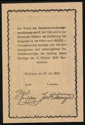 Notgeld Oeblarn 1920, 60 Heller, Kirche und Bäume im Ennstal, Gemeinderatsbeschluss und Unterschriften