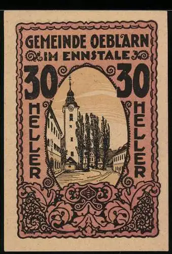 Notgeld Oeblarn 1920, 30 Heller, Kirche und Bäume im Dorfzentrum