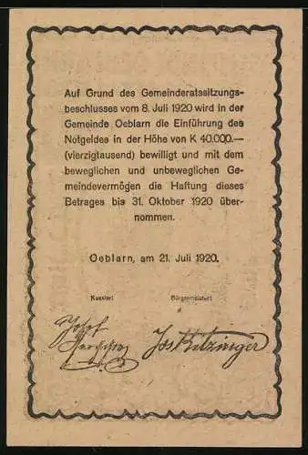 Notgeld Oeblarn 1920, 30 Heller, Kirche und Bäume im Dorfzentrum