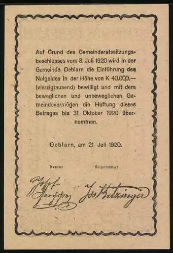 Notgeld Oeblarn 1920, 20 Heller, Kirchturm im Ennstale, Text über Einführung und Haftung des Notgeldes