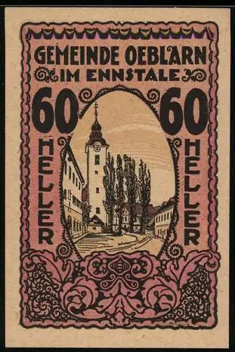 Notgeld Oeblarn 1920, 60 Heller, Rathaus im Ennstal mit dekorativem Rahmen