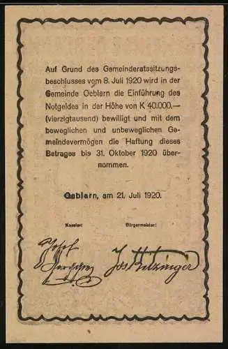 Notgeld Oeblarn 1920, 60 Heller, Rathaus im Ennstal mit dekorativem Rahmen