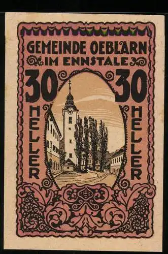 Notgeld Oeblarn 1920, 30 Heller, Ansicht der Kirche im Ennstal