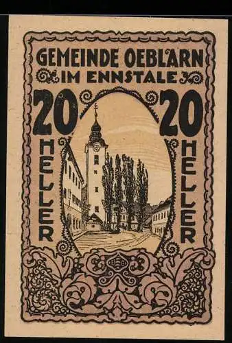 Notgeld Oeblarn 1920, 20 Heller, Kirchturm und Gebäude im Ennstal