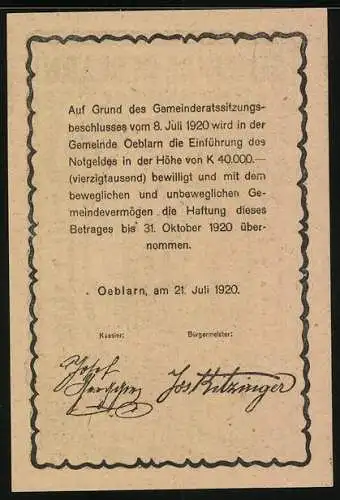 Notgeld Oeblarn 1920, 20 Heller, Kirchturm und Gebäude im Ennstal