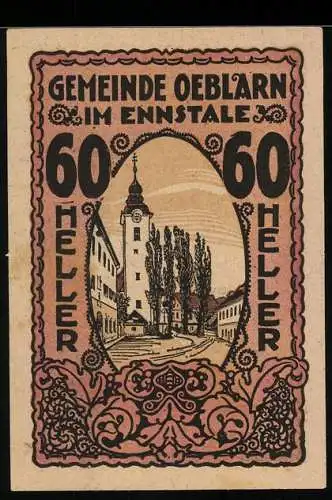 Notgeld Oeblarn 1920, 60 Heller, Stadtturm mit Bäumen im Ennstal, Beschluss zur Notgeld-Einführung