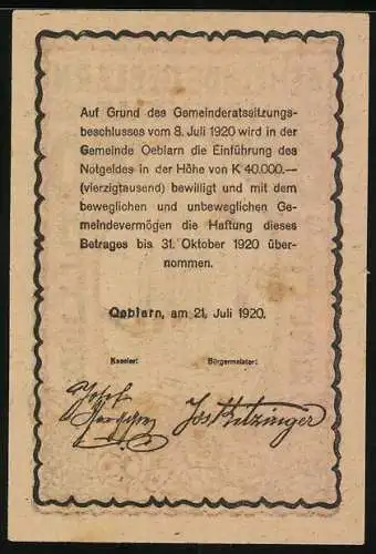 Notgeld Oeblarn 1920, 60 Heller, Stadtturm mit Bäumen im Ennstal, Beschluss zur Notgeld-Einführung