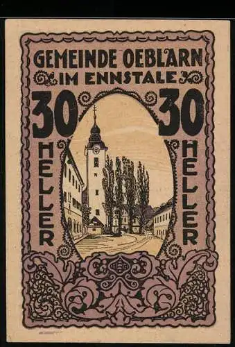 Notgeld Oeblarn 1920, 30 Heller, Kirchturmmotiv mit Bäumen im Ennstal