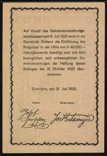 Notgeld Oeblarn 1920, 30 Heller, Kirchturmmotiv mit Bäumen im Ennstal