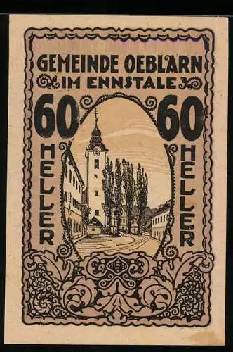 Notgeld Oeblarn 1920, 60 Heller, Kirche im Ennstal, Text zur Gemeindeversammlung