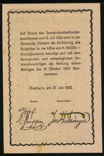 Notgeld Oeblarn 1920, 60 Heller, Kirche im Ennstal, Text zur Gemeindeversammlung