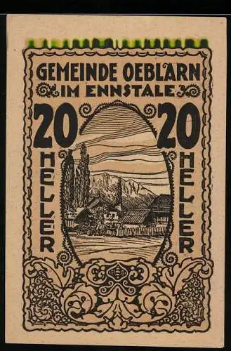 Notgeld Oeblarn 1920, 20 Heller, Landschaftsmotiv im Ennstal, Gemeindebeschluss-Text