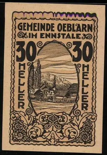 Notgeld Oeblarn 1920, 30 Heller, Landschaftsmotiv mit Bergen und Dorfansicht im Ennstal