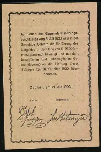 Notgeld Oeblarn 1920, 30 Heller, Landschaftsmotiv mit Bergen und Dorfansicht im Ennstal