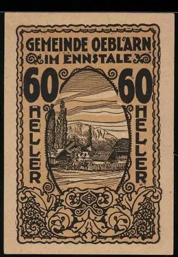 Notgeld Oeblarn 1920, 60 Heller, ländliche Landschaft mit Bergen und Häusern