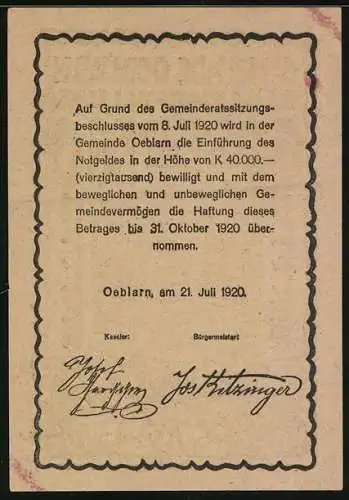 Notgeld Oeblarn 1920, 60 Heller, ländliche Landschaft mit Bergen und Häusern