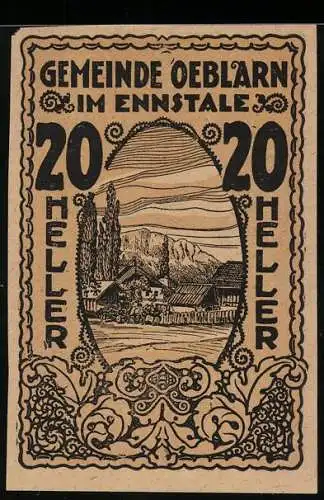 Notgeld Oeblarn 1920, 20 Heller, Landschaftsmotiv im Ennstal, Gemeinderatsbeschluss erwähnt