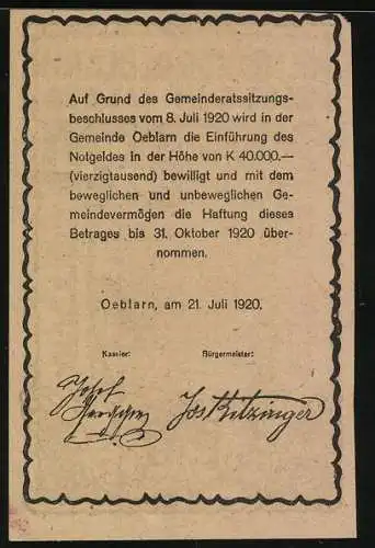 Notgeld Oeblarn 1920, 20 Heller, Landschaftsmotiv im Ennstal, Gemeinderatsbeschluss erwähnt