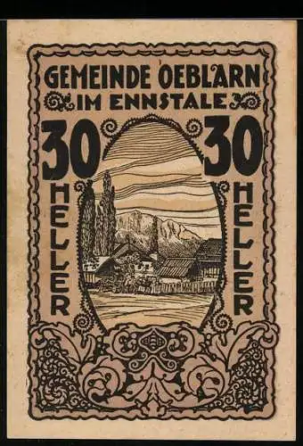 Notgeld Oeblarn 1920, 30 Heller, Landschaft mit Bergen und Häusern, Schriftzug über Garantie 31. Oktober 1920