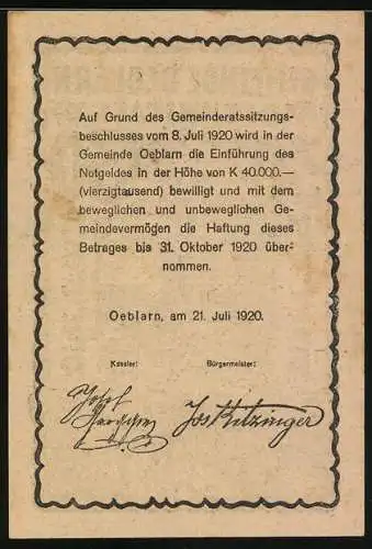 Notgeld Oeblarn 1920, 30 Heller, Landschaft mit Bergen und Häusern, Schriftzug über Garantie 31. Oktober 1920