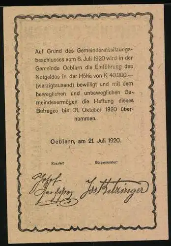 Notgeld Oeblarn 1920, 60 Heller, Dorflandschaft im Ennstal, Gemeinderatbeschluss und Unterschriften